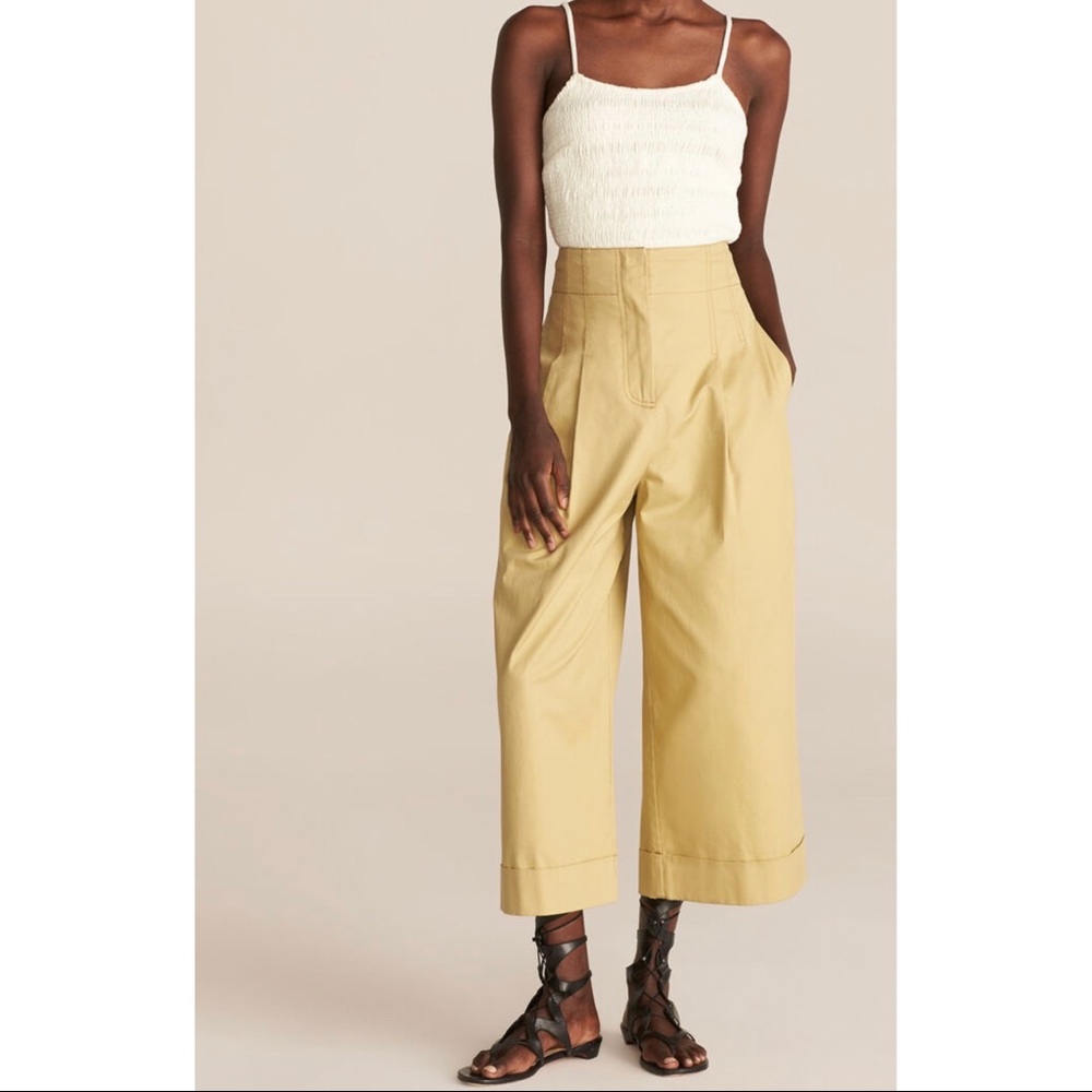 Rebecca Taylor Cream Smocked Tank with Tan Wide-Leg Pants